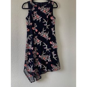 Women’s dress, new. Black with pink red embroidered flowers, asymmetrical